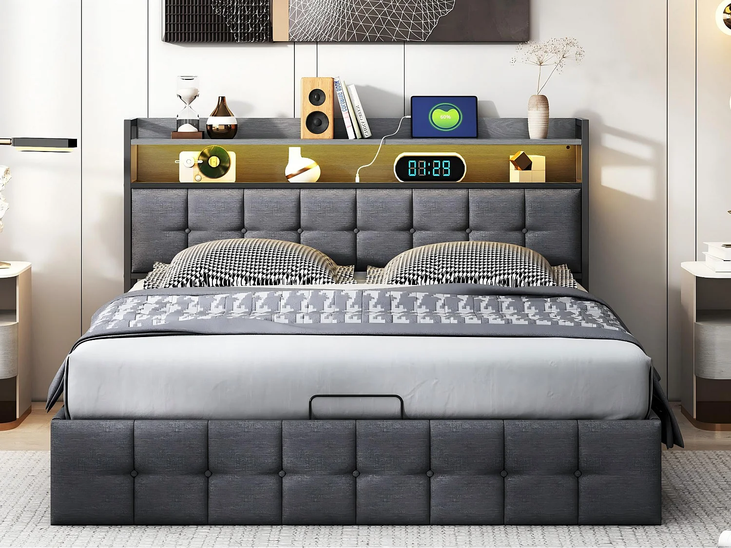 Lit coffre 160x200 cm avec tête de lit capitonnée, rangement spacieux, éclairage LED, ports USB, sommier inclus,  Noir