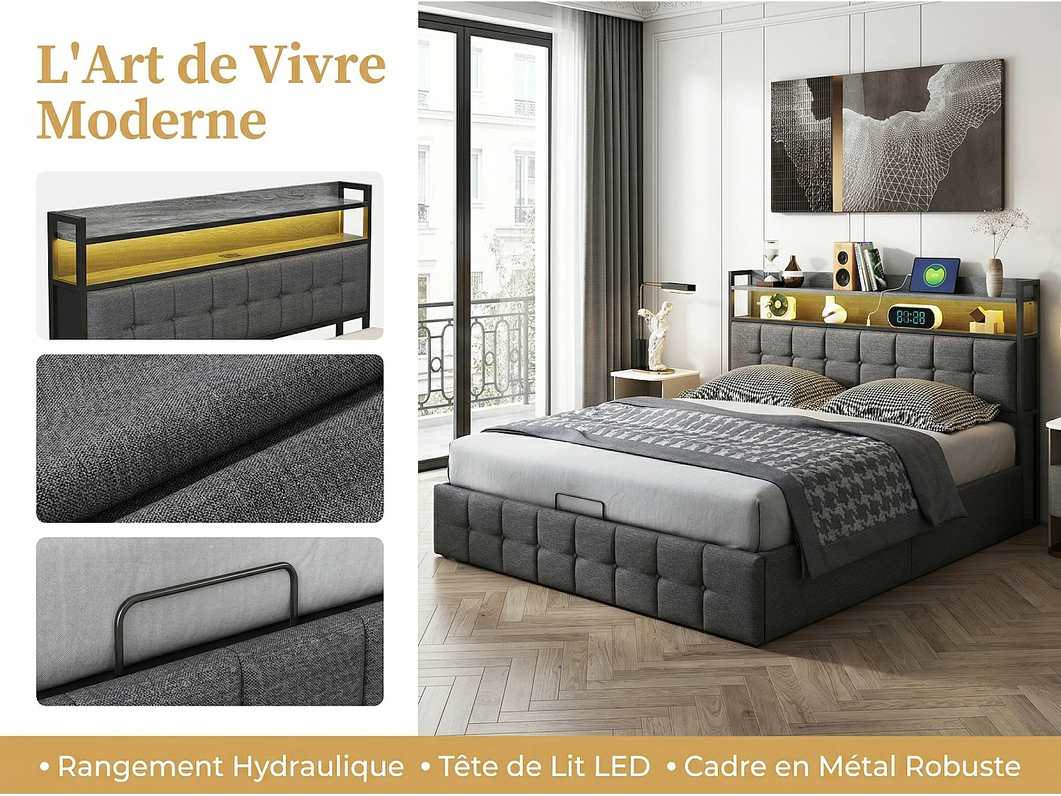 Lit coffre 160x200 cm avec tête de lit capitonnée, rangement spacieux, éclairage LED, ports USB, sommier inclus,  Noir