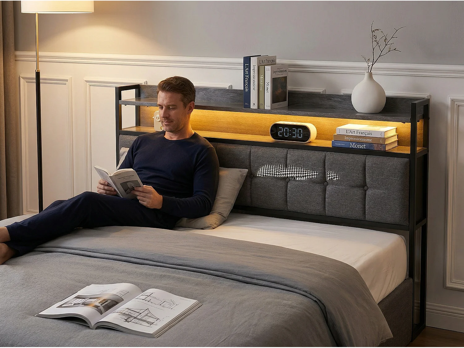 Lit coffre 160x200 cm avec tête de lit capitonnée, rangement spacieux, éclairage LED, ports USB, sommier inclus,  Noir