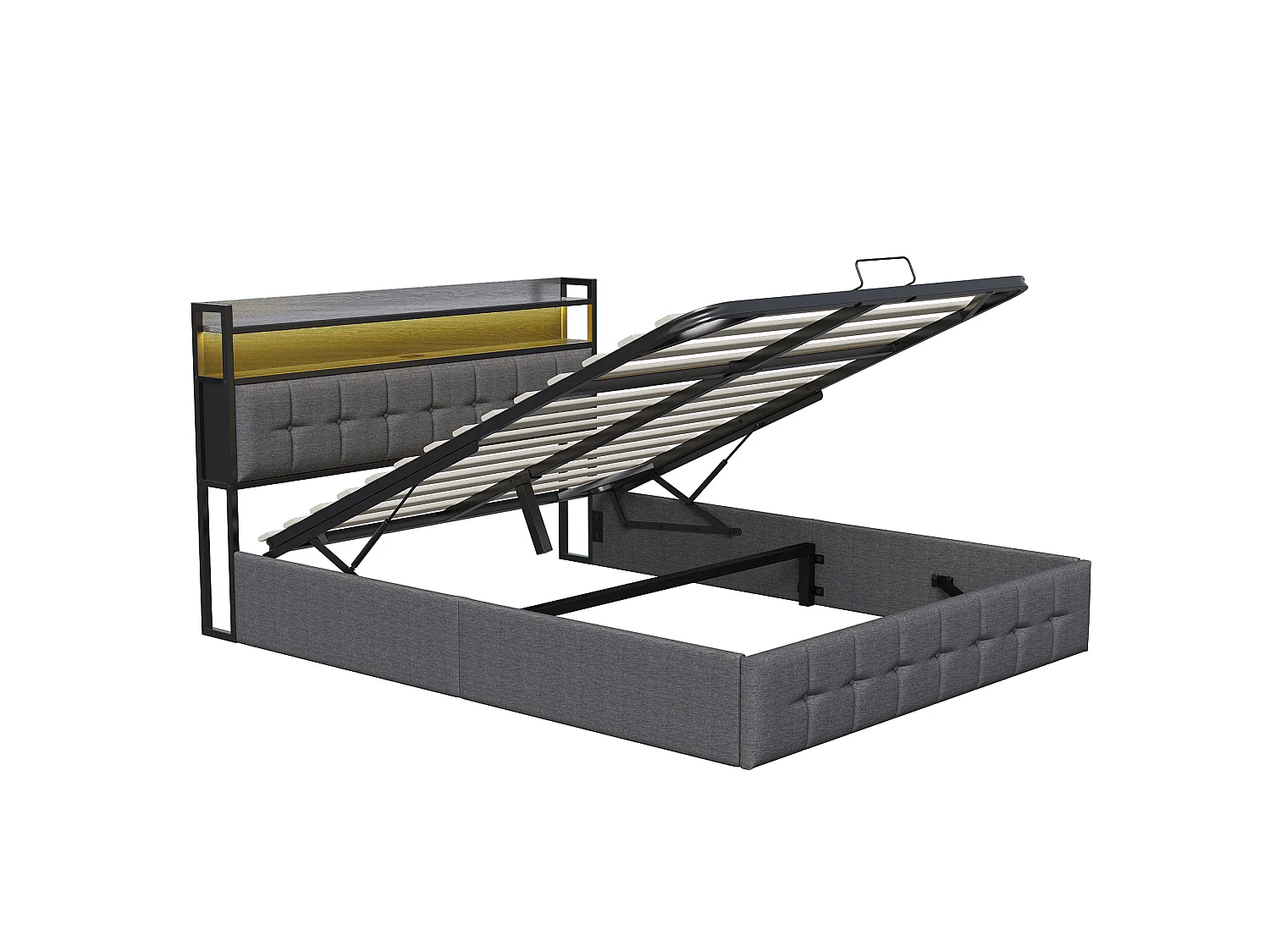 Lit coffre 160x200 cm avec tête de lit capitonnée, rangement spacieux, éclairage LED, ports USB, sommier inclus,  Noir