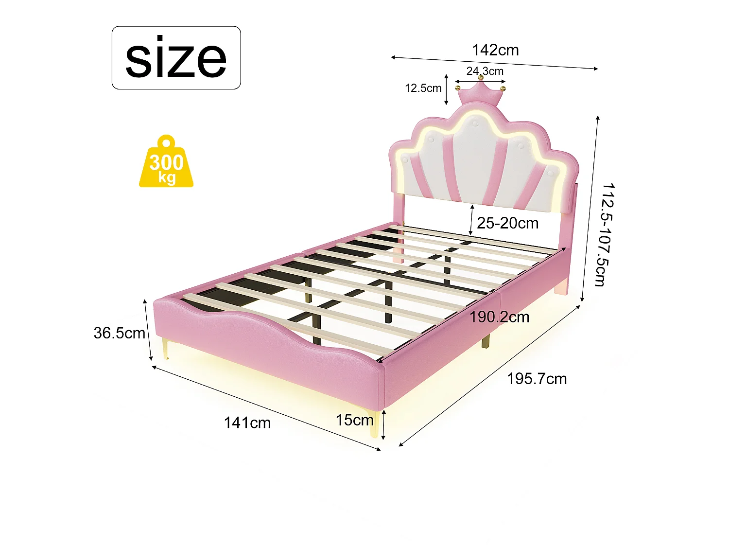 Lit enfant 140x190 cm Rose avec tête de lit couronne rembourrée, éclairage LED et sommier – Lit une place design princesse