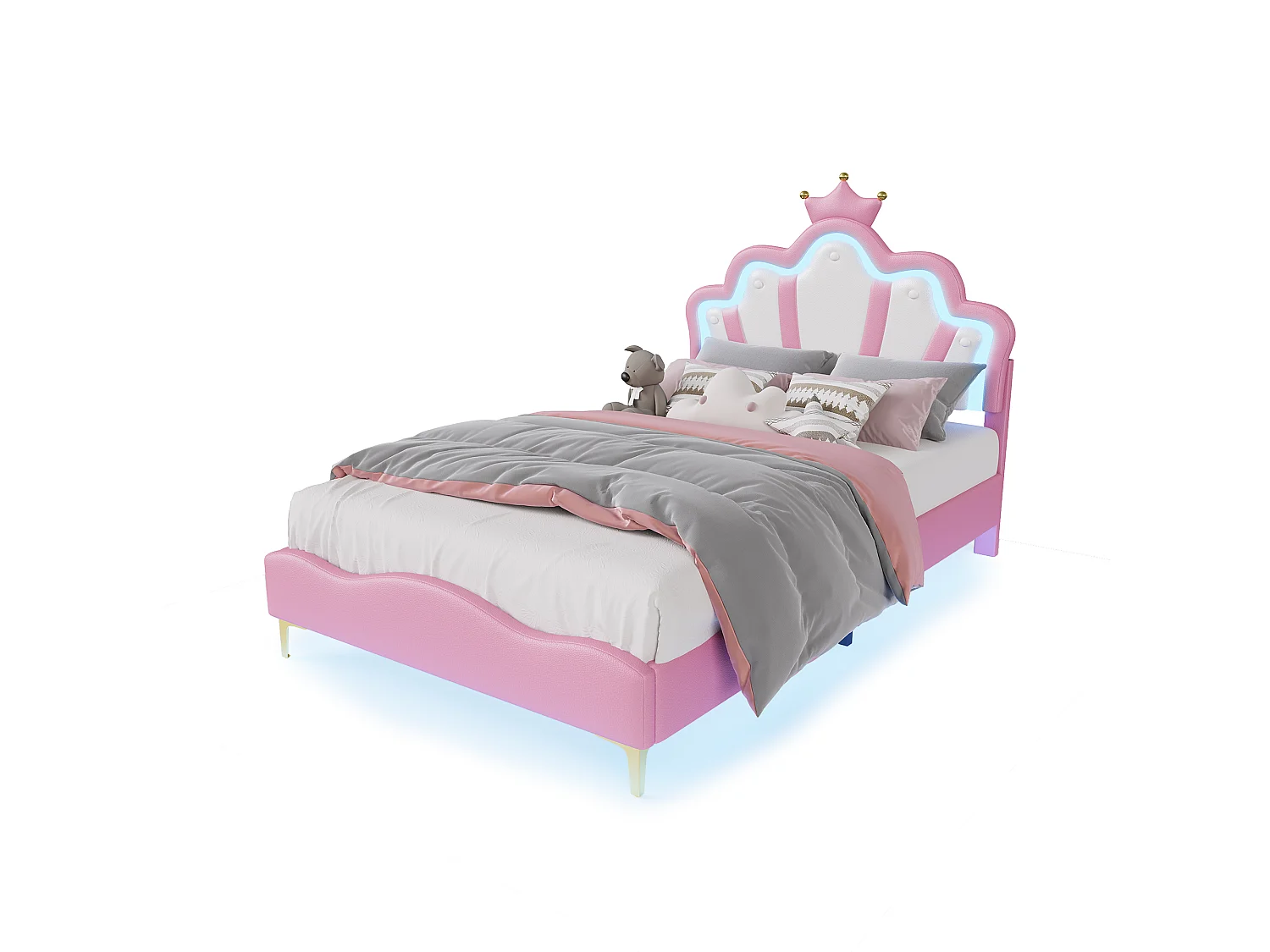 Lit enfant 140x190 cm Rose avec tête de lit couronne rembourrée, éclairage LED et sommier – Lit une place design princesse