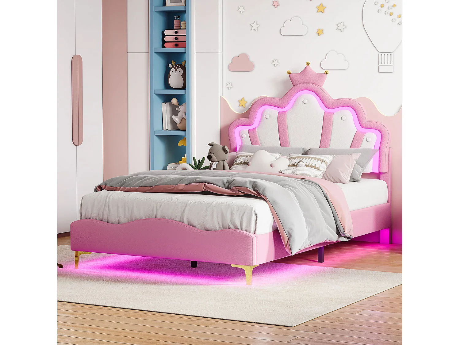 Lit enfant 140x190 cm Rose avec tête de lit couronne rembourrée, éclairage LED et sommier – Lit une place design princesse