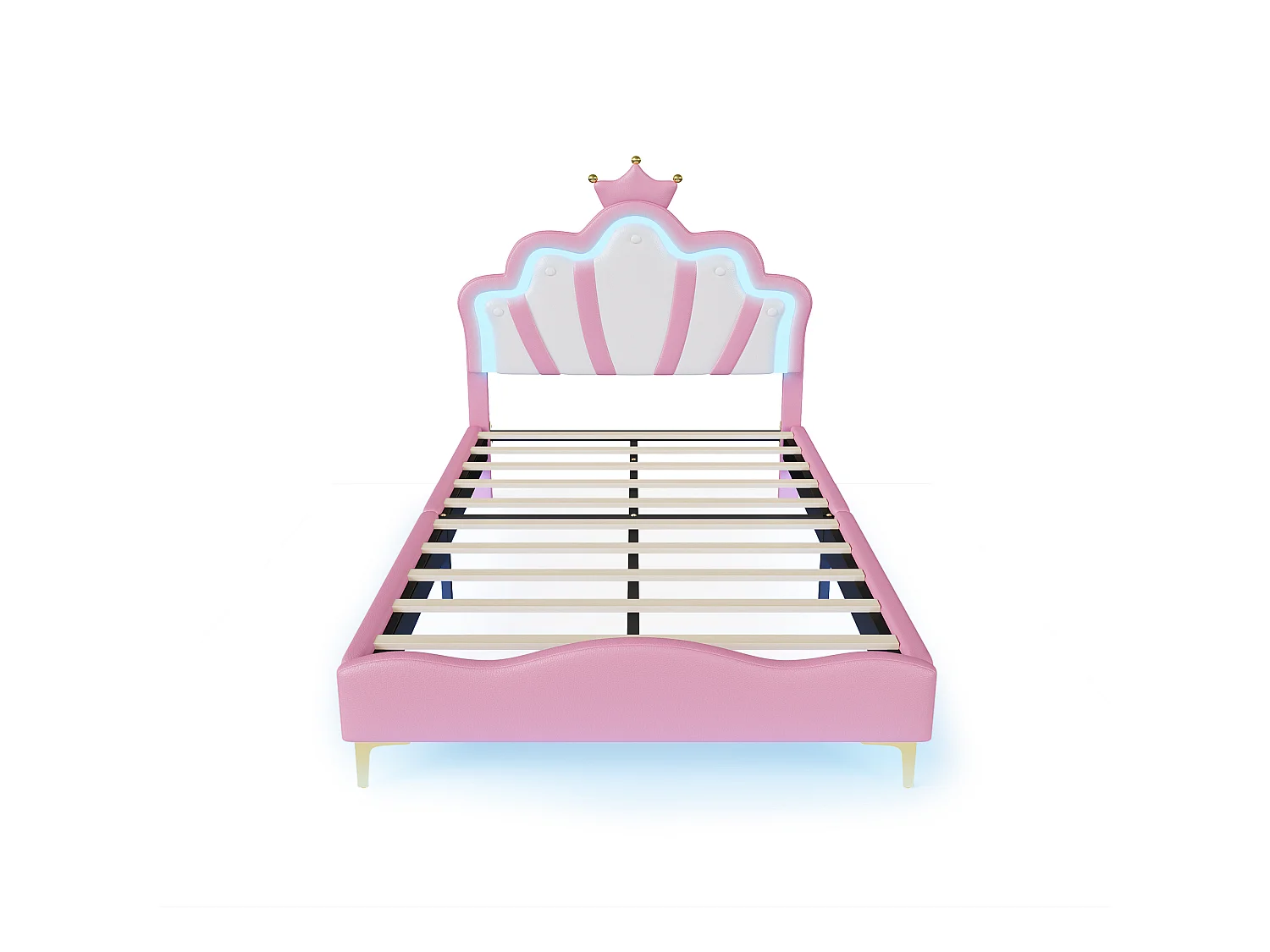 Lit enfant 140x190 cm Rose avec tête de lit couronne rembourrée, éclairage LED et sommier – Lit une place design princesse