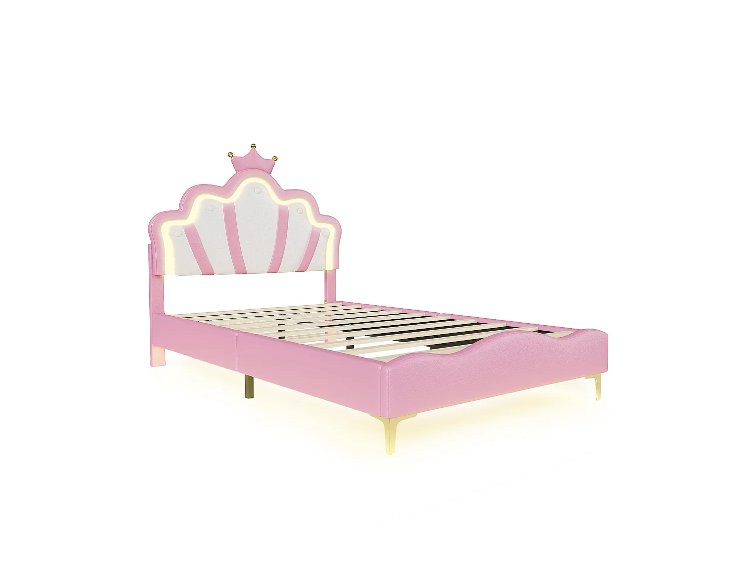 Lit enfant 140x190 cm Rose avec tête de lit couronne rembourrée, éclairage LED et sommier – Lit une place design princesse