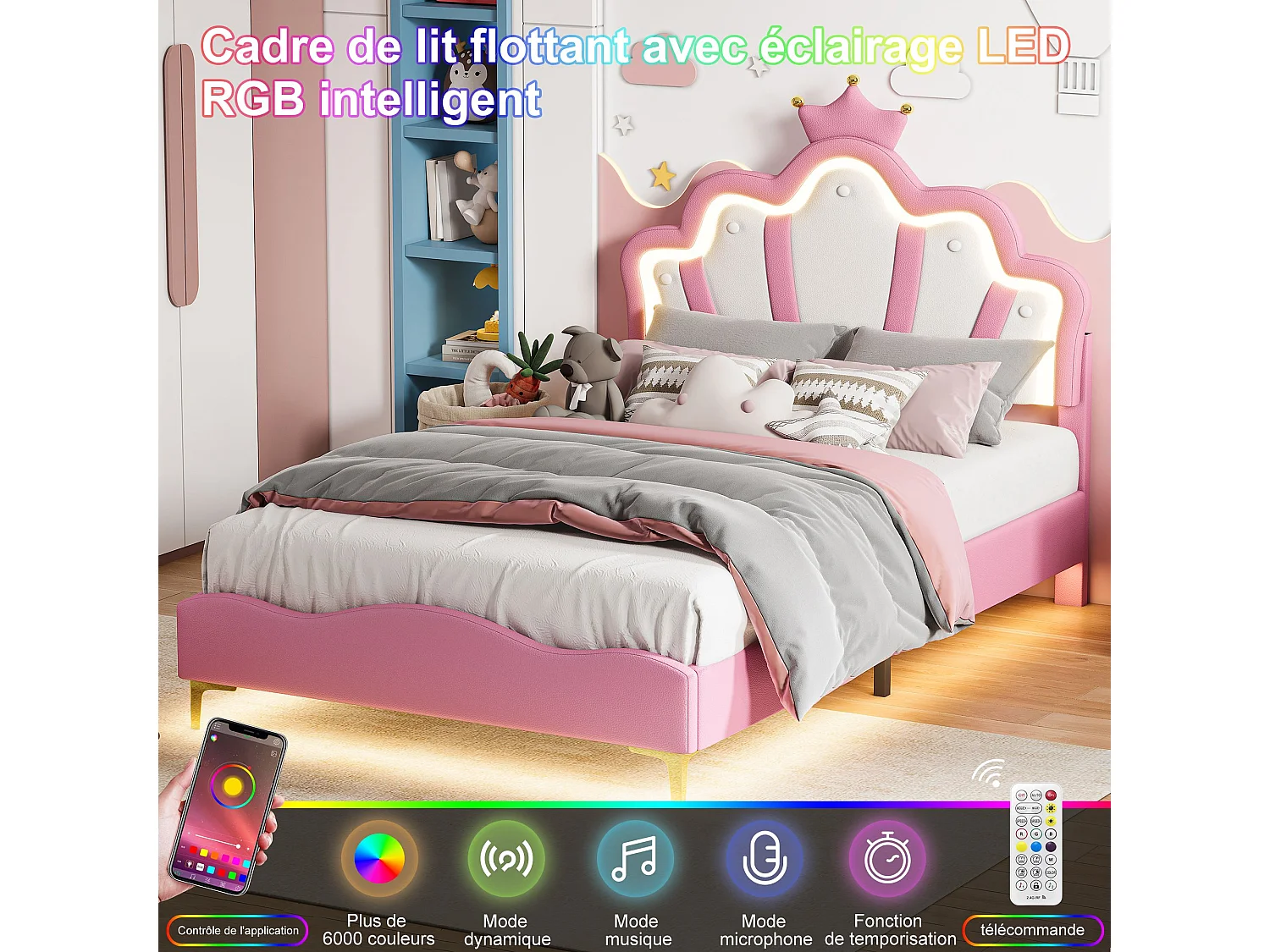 Lit enfant 140x190 cm Rose avec tête de lit couronne rembourrée, éclairage LED et sommier – Lit une place design princesse