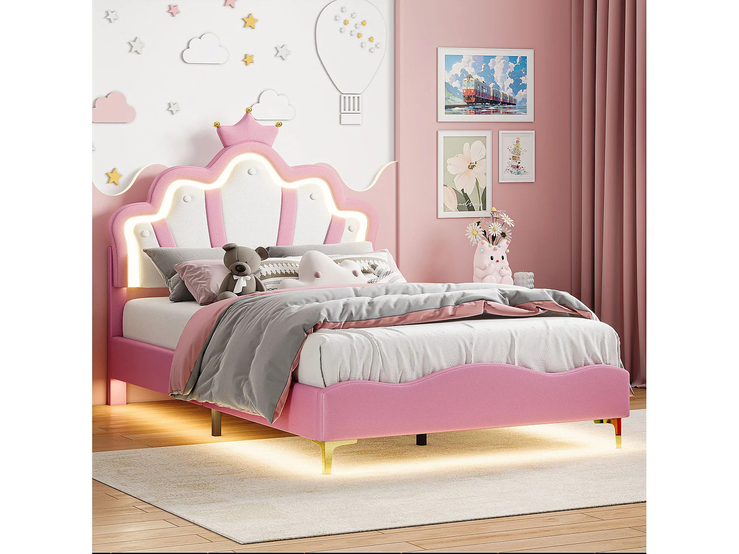 Lit enfant 140x190 cm Rose avec tête de lit couronne rembourrée, éclairage LED et sommier – Lit une place design princesse