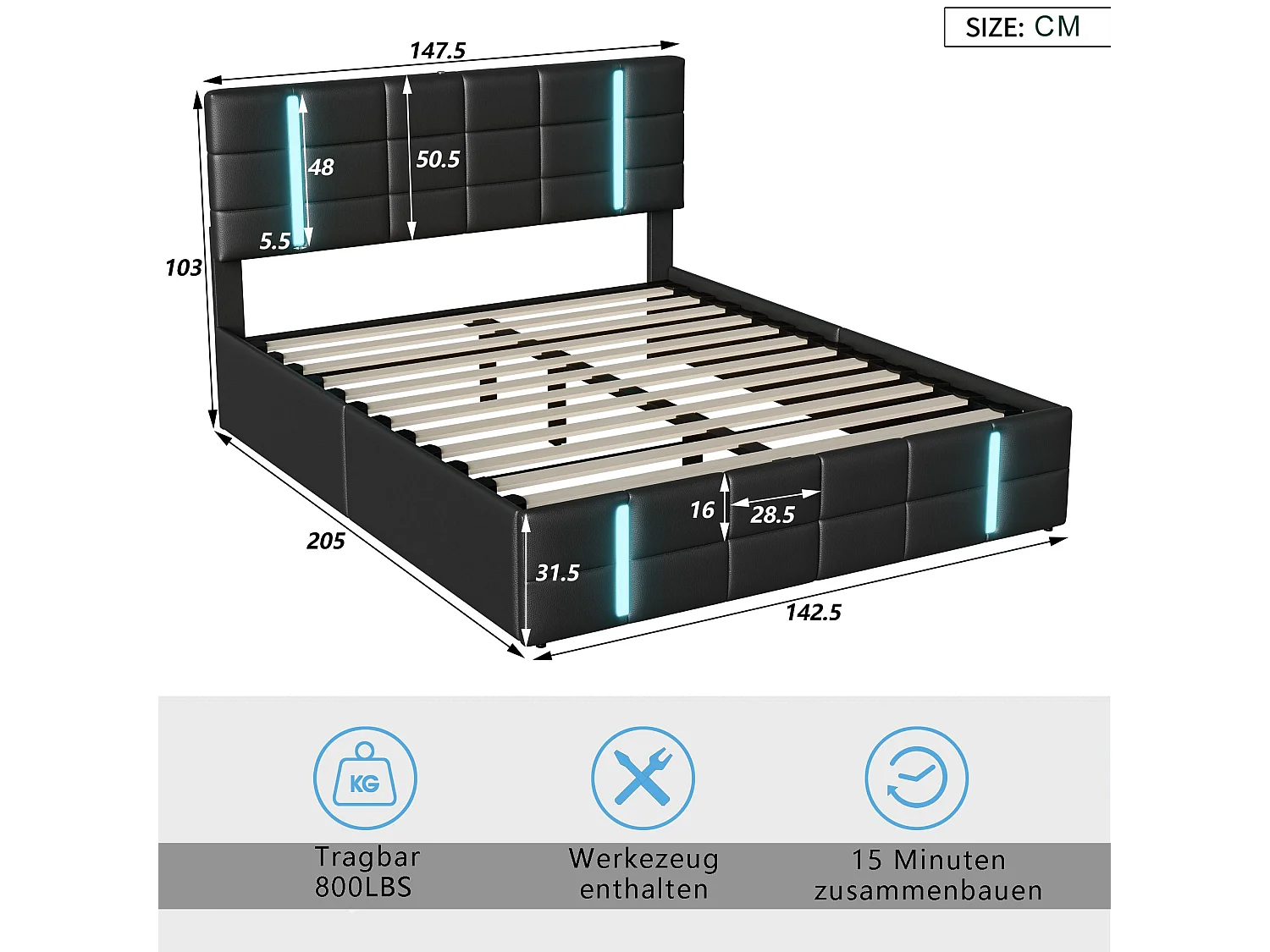 Lit coffre 140x200 cm noir, lit 2 places avec grand rangement sous le lit, tête de lit rembourrée LED, sommier à lattes inclus