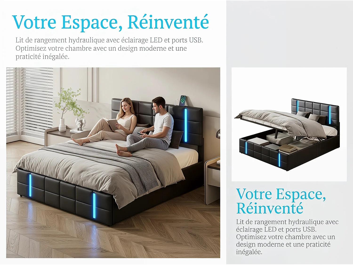 Lit coffre 140x200 cm noir, lit 2 places avec grand rangement sous le lit, tête de lit rembourrée LED, sommier à lattes inclus