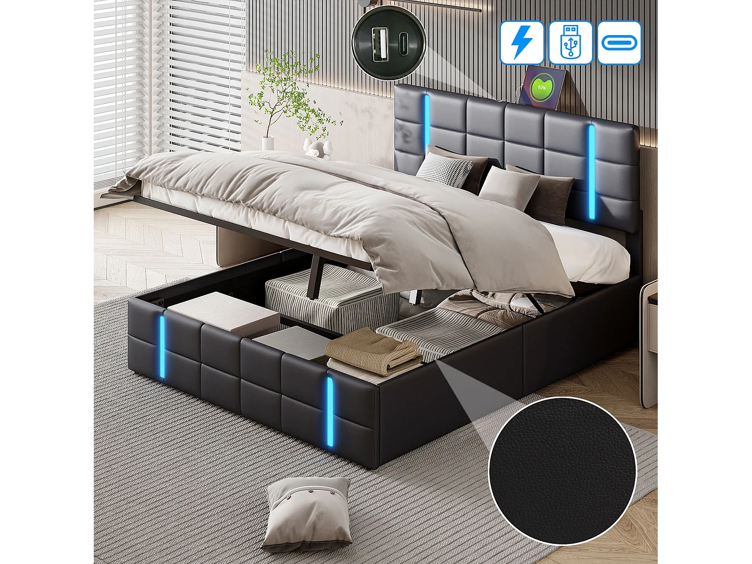 Lit coffre 140x200 cm noir, lit 2 places avec grand rangement sous le lit, tête de lit rembourrée LED, sommier à lattes inclus