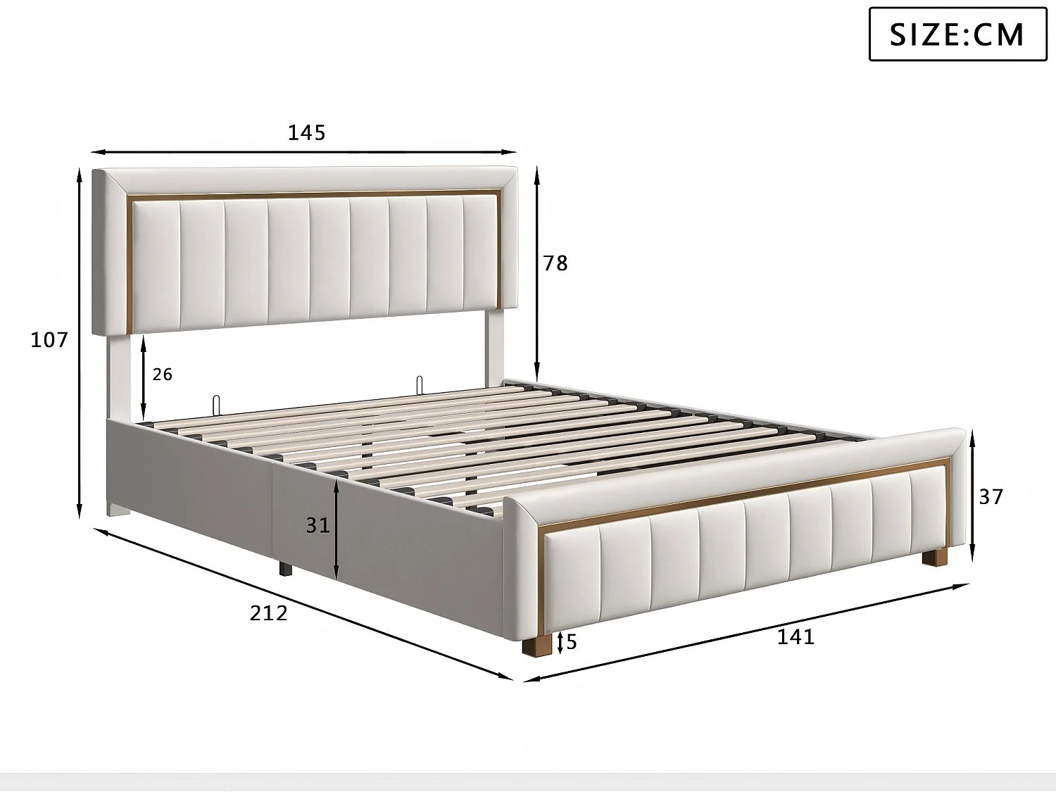 Lit coffre 140x200 cm beige avec rangement hydraulique, lit double rembourré, tête de lit élégante, sommier à lattes inclus