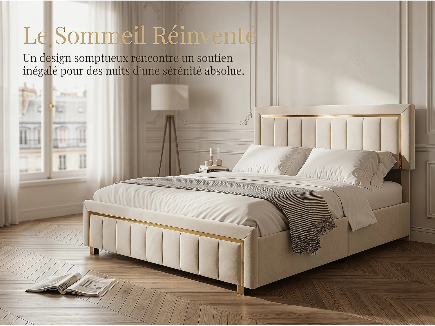 Lit coffre 140x200 cm beige avec rangement hydraulique, lit double rembourré, tête de lit élégante, sommier à lattes inclus
