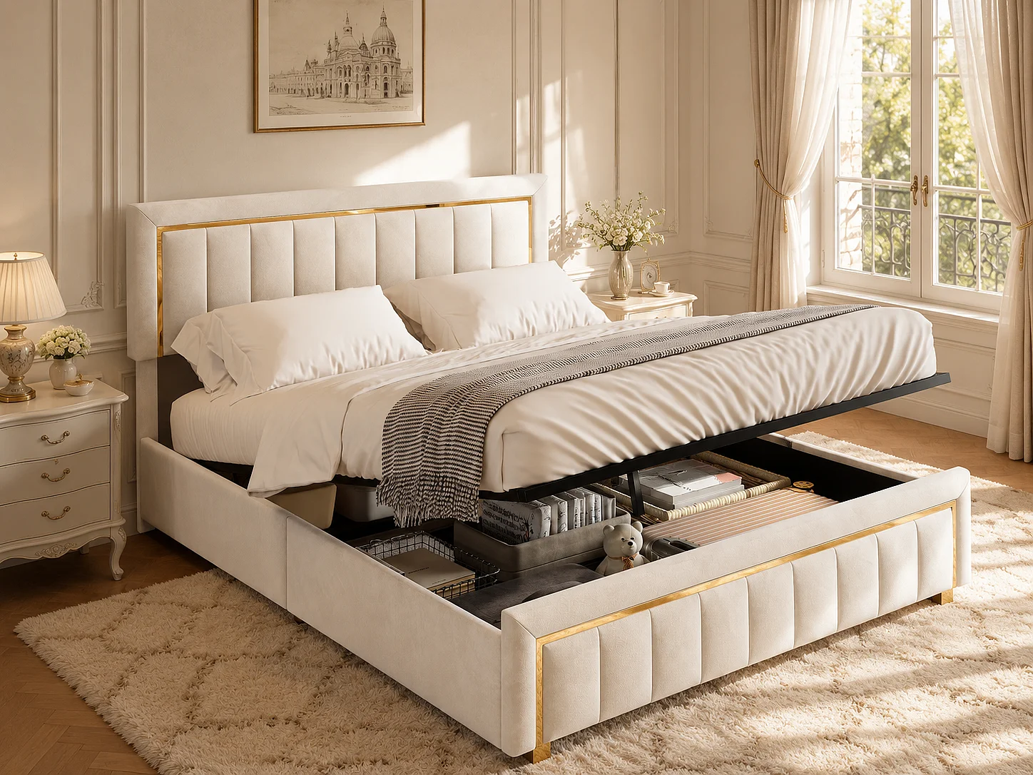 Lit coffre 140x200 cm beige avec rangement hydraulique, lit double rembourré, tête de lit élégante, sommier à lattes inclus