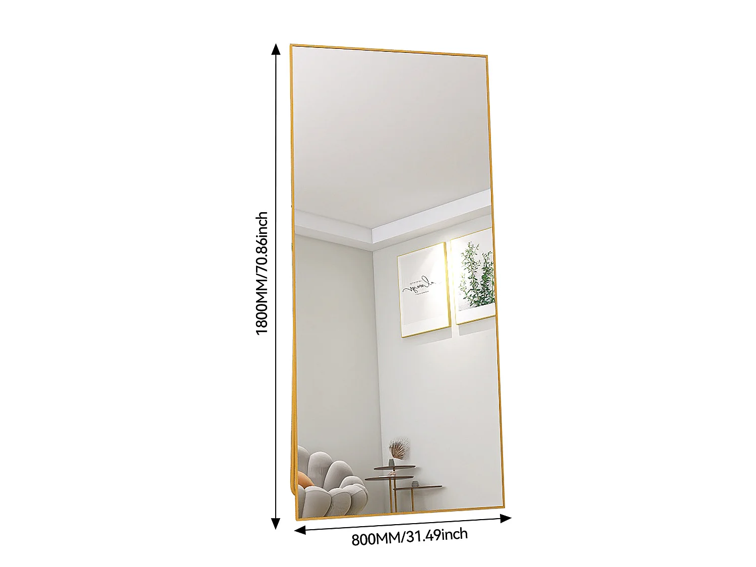 Miroir sur Pied 180x80 cm avec Cadre Aluminium Doré, Grand Miroir Plein Pied Design pour Chambre Dressing