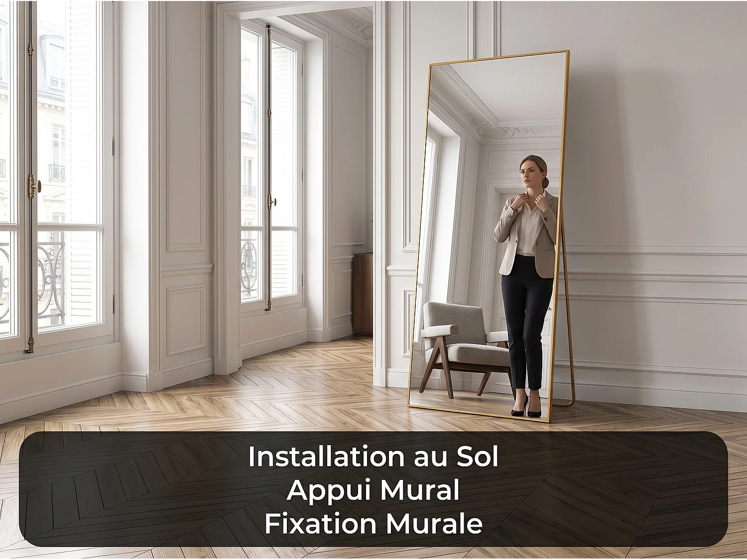 Miroir sur Pied 180x80 cm avec Cadre Aluminium Doré, Grand Miroir Plein Pied Design pour Chambre Dressing