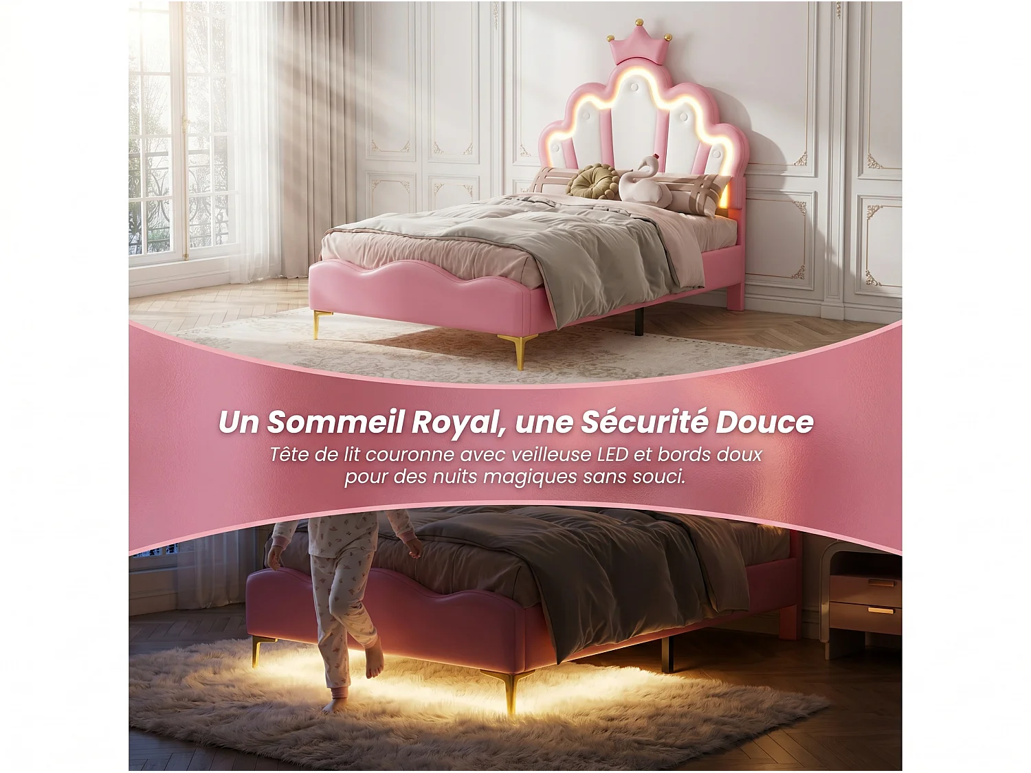 Lit enfant 90x200 cm Rose avec tête de lit couronne rembourrée, éclairage LED et sommier – Lit une place design princesse