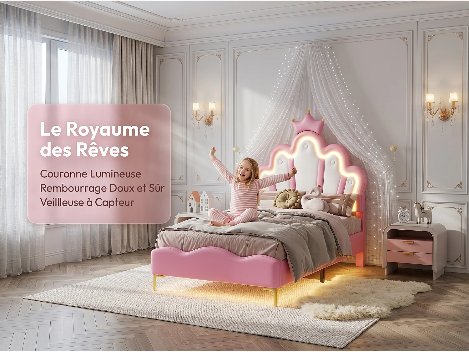 Lit enfant 90x200 cm Rose avec tête de lit couronne rembourrée, éclairage LED et sommier – Lit une place design princesse
