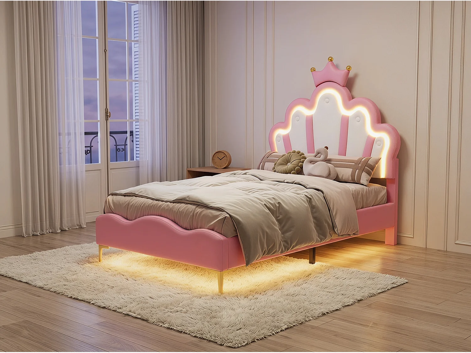 Lit enfant 90x200 cm Rose avec tête de lit couronne rembourrée, éclairage LED et sommier – Lit une place design princesse