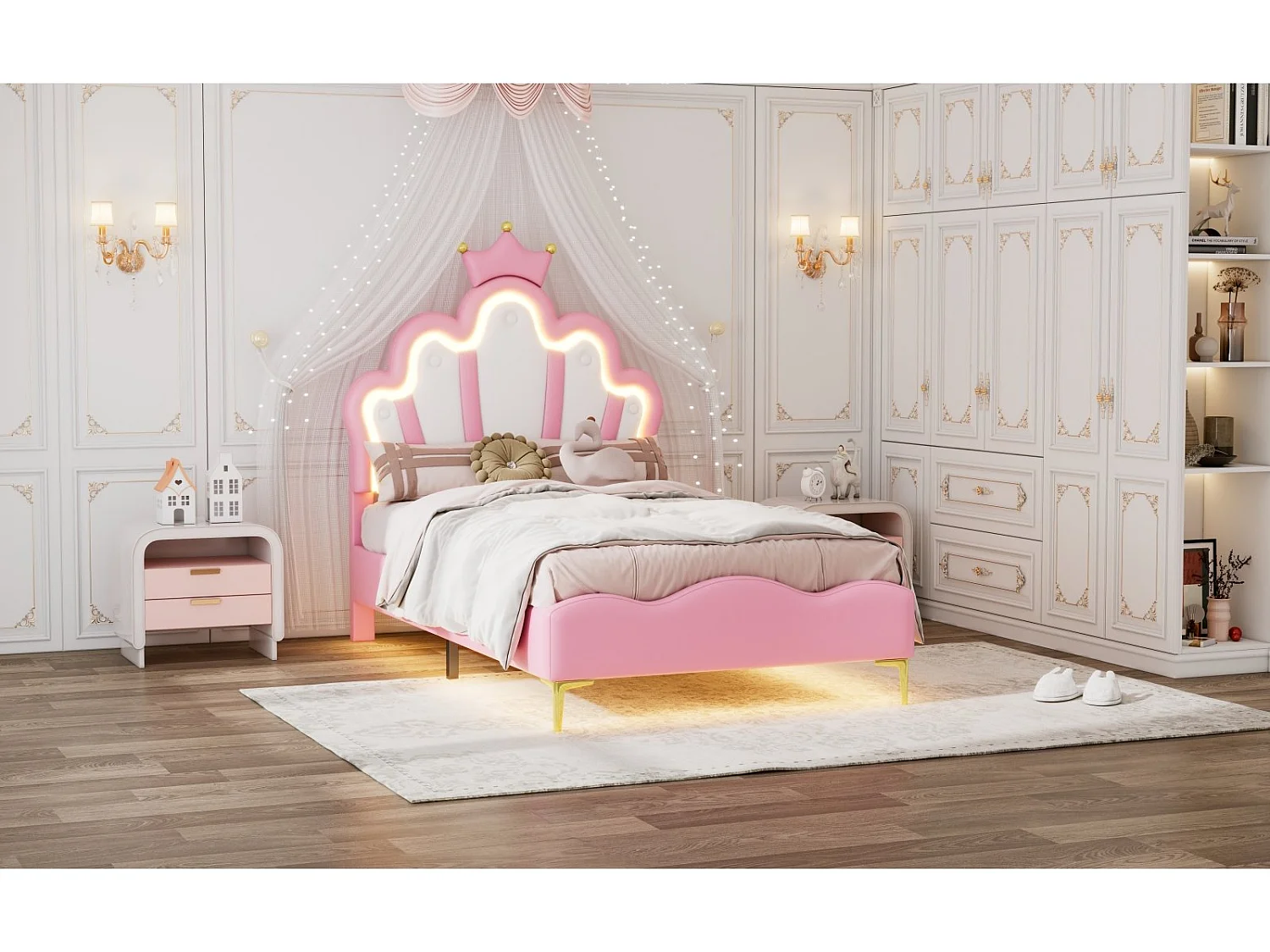 Lit enfant 90x200 cm Rose avec tête de lit couronne rembourrée, éclairage LED et sommier – Lit une place design princesse