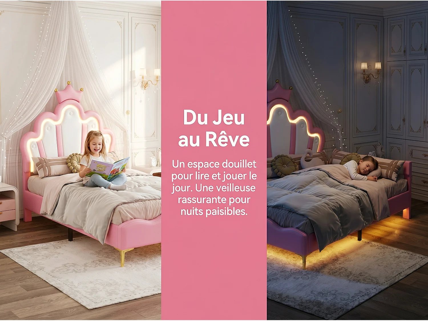 Lit enfant 90x200 cm Rose avec tête de lit couronne rembourrée, éclairage LED et sommier – Lit une place design princesse