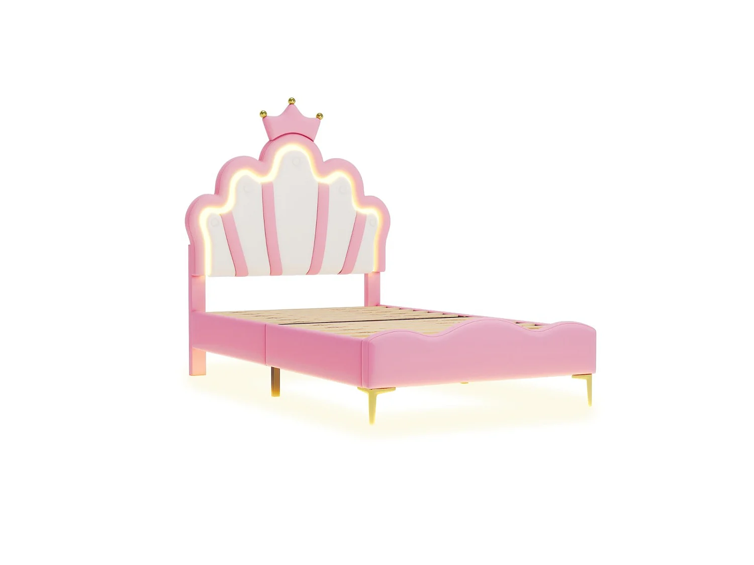 Lit enfant 90x200 cm Rose avec tête de lit couronne rembourrée, éclairage LED et sommier – Lit une place design princesse