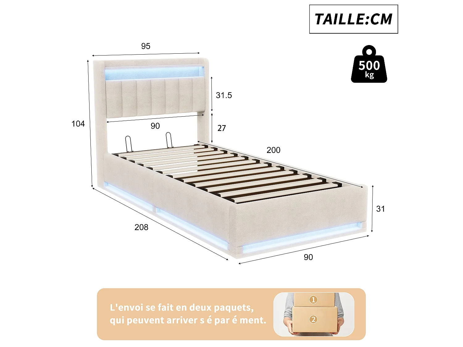 Lit coffre 90x200 cm gris avec rangement, lit double rembourré LED, hydraulique, tête de lit avec étagère et sommier inclus
