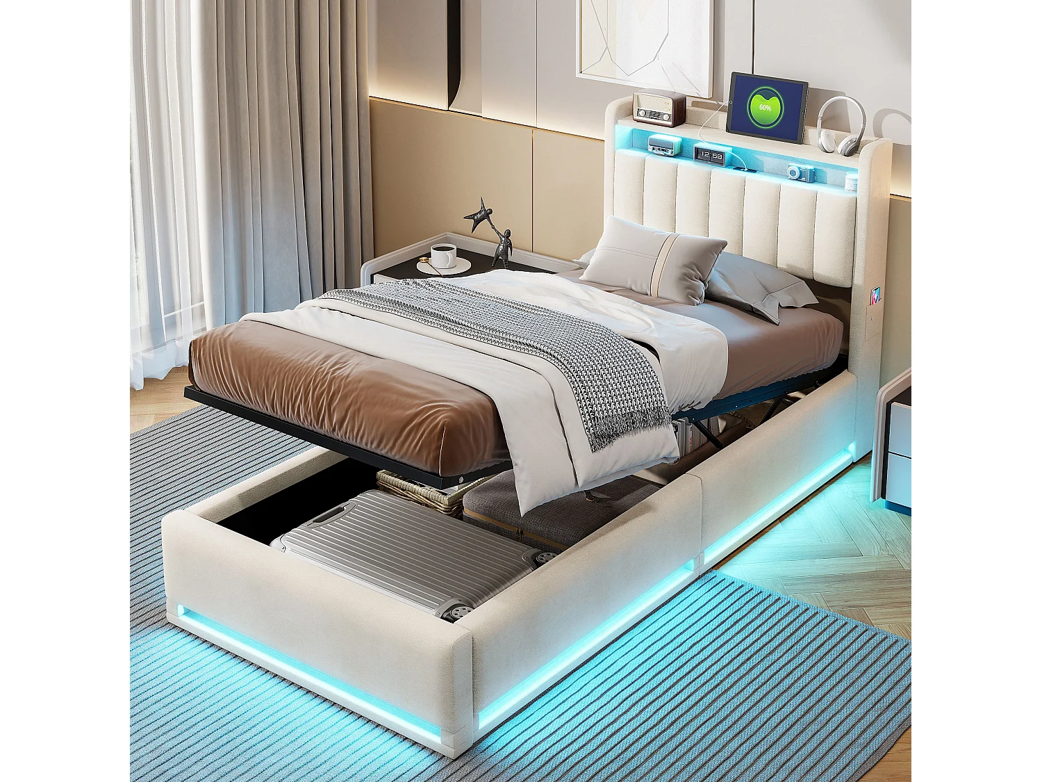 Lit coffre 90x200 cm gris avec rangement, lit double rembourré LED, hydraulique, tête de lit avec étagère et sommier inclus