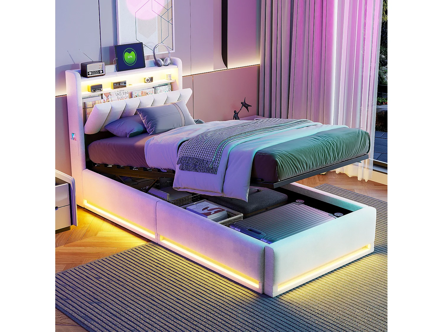 Lit coffre 90x200 cm gris avec rangement, lit double rembourré LED, hydraulique, tête de lit avec étagère et sommier inclus