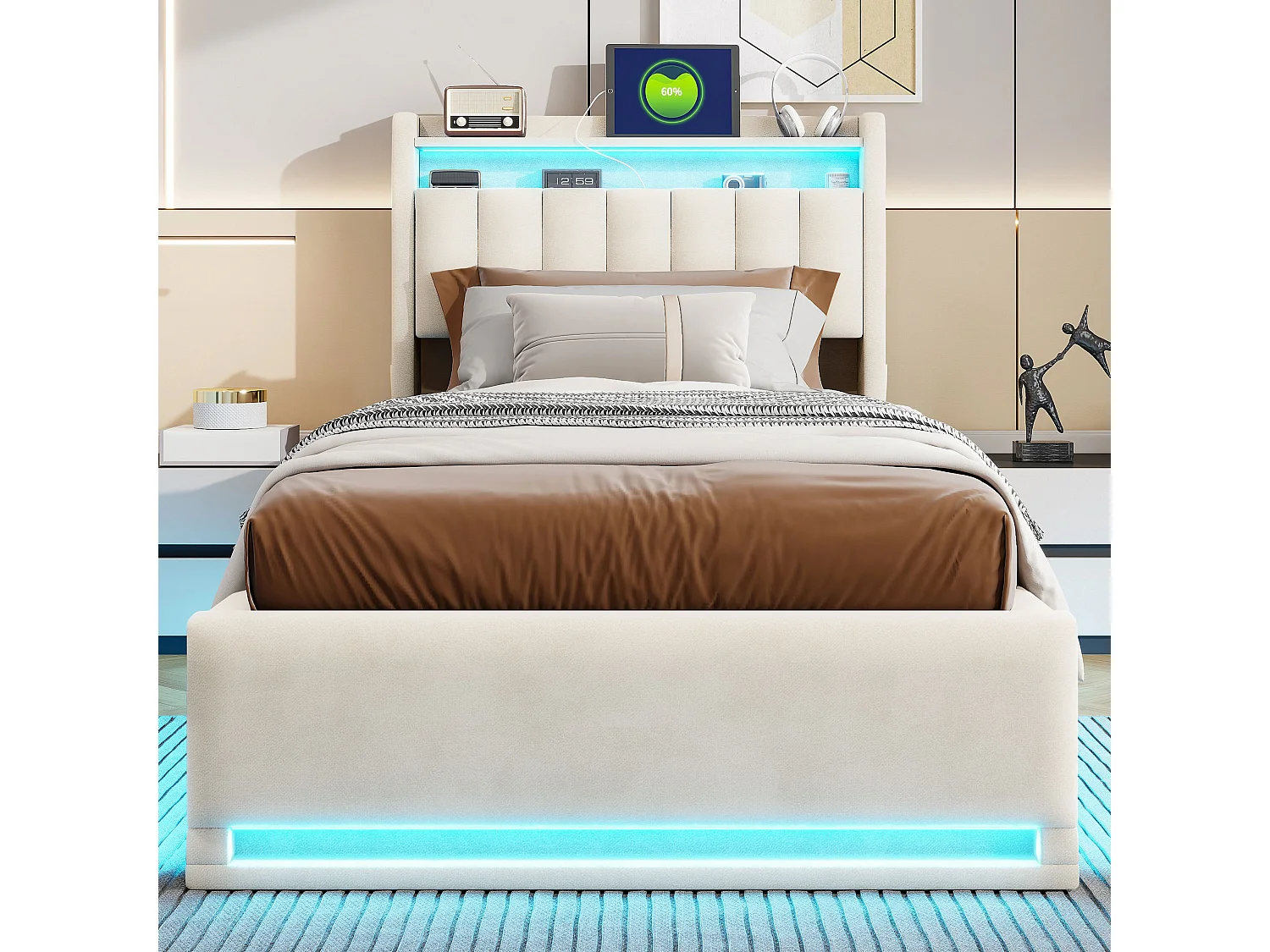 Lit coffre 90x200 cm gris avec rangement, lit double rembourré LED, hydraulique, tête de lit avec étagère et sommier inclus