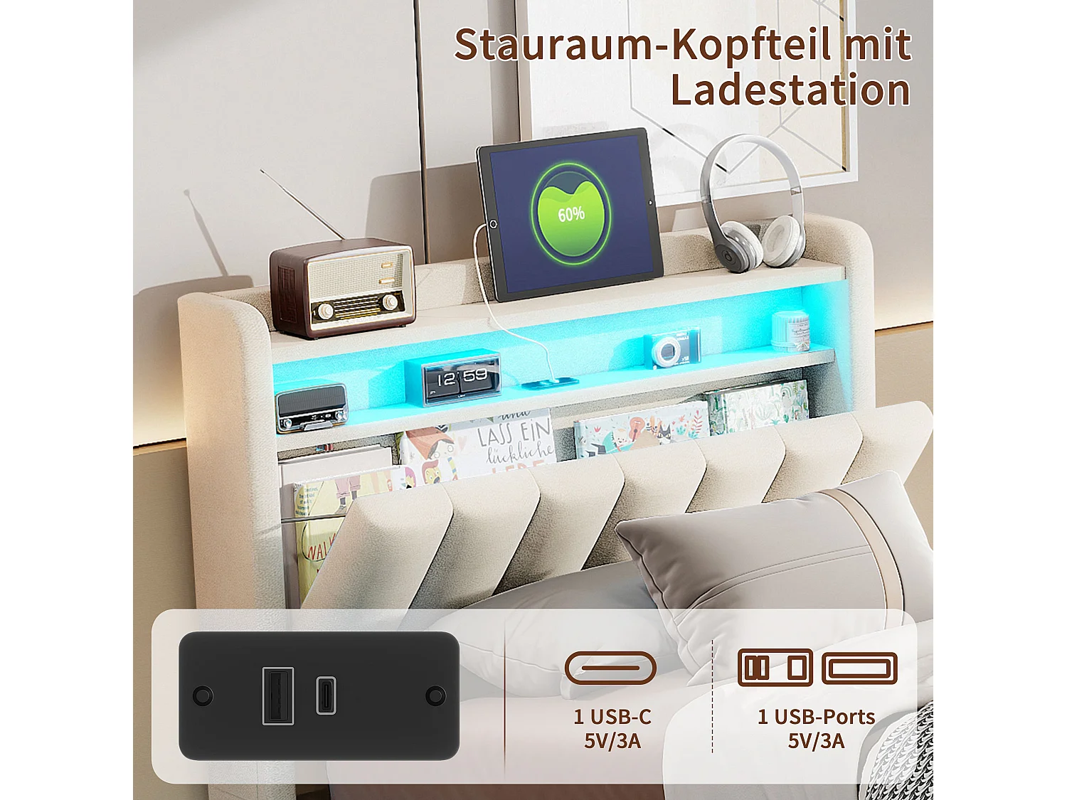 Lit coffre 90x200 cm gris avec rangement, lit double rembourré LED, hydraulique, tête de lit avec étagère et sommier inclus