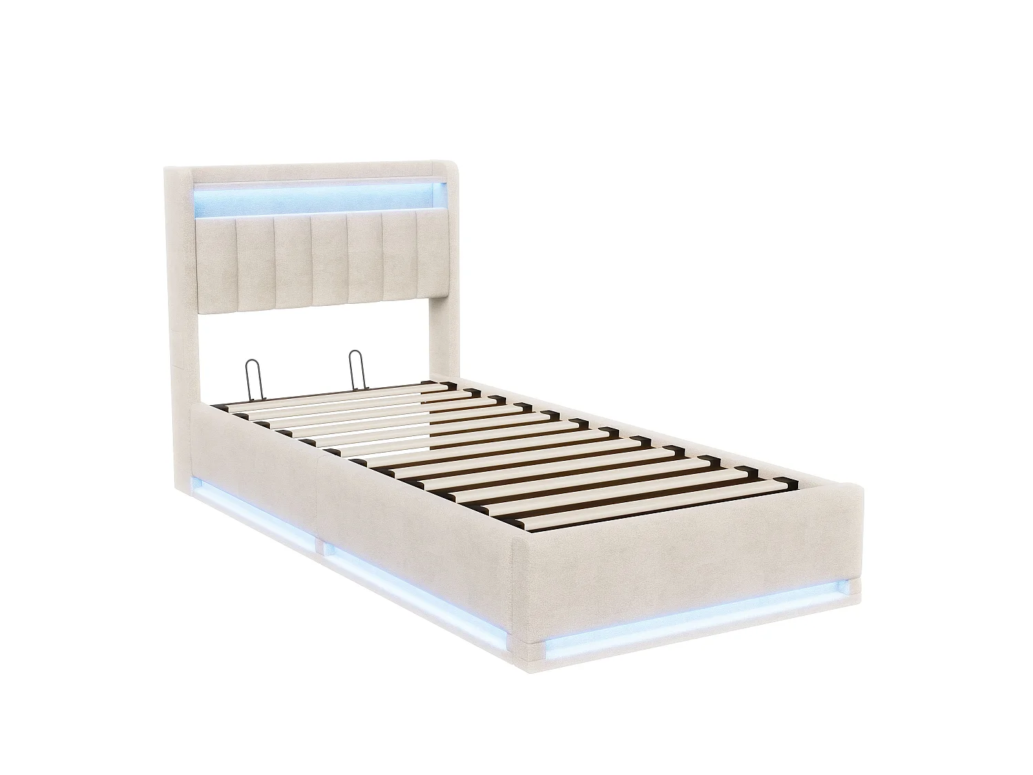Lit coffre 90x200 cm gris avec rangement, lit double rembourré LED, hydraulique, tête de lit avec étagère et sommier inclus