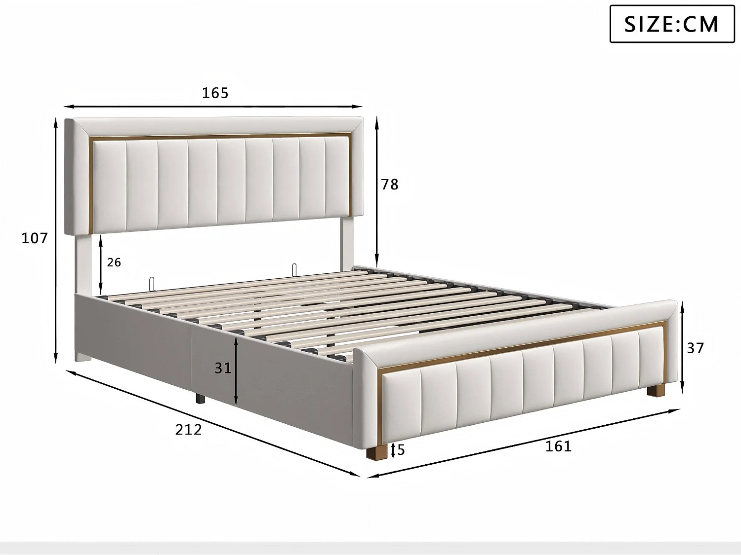 Lit coffre 160x200 cm beige avec rangement hydraulique, lit double rembourré, tête de lit élégante, sommier à lattes inclus