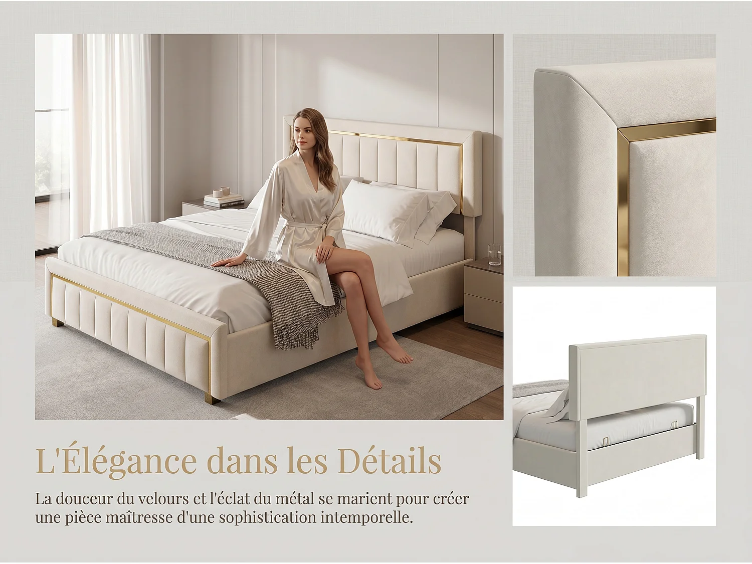 Lit coffre 160x200 cm beige avec rangement hydraulique, lit double rembourré, tête de lit élégante, sommier à lattes inclus