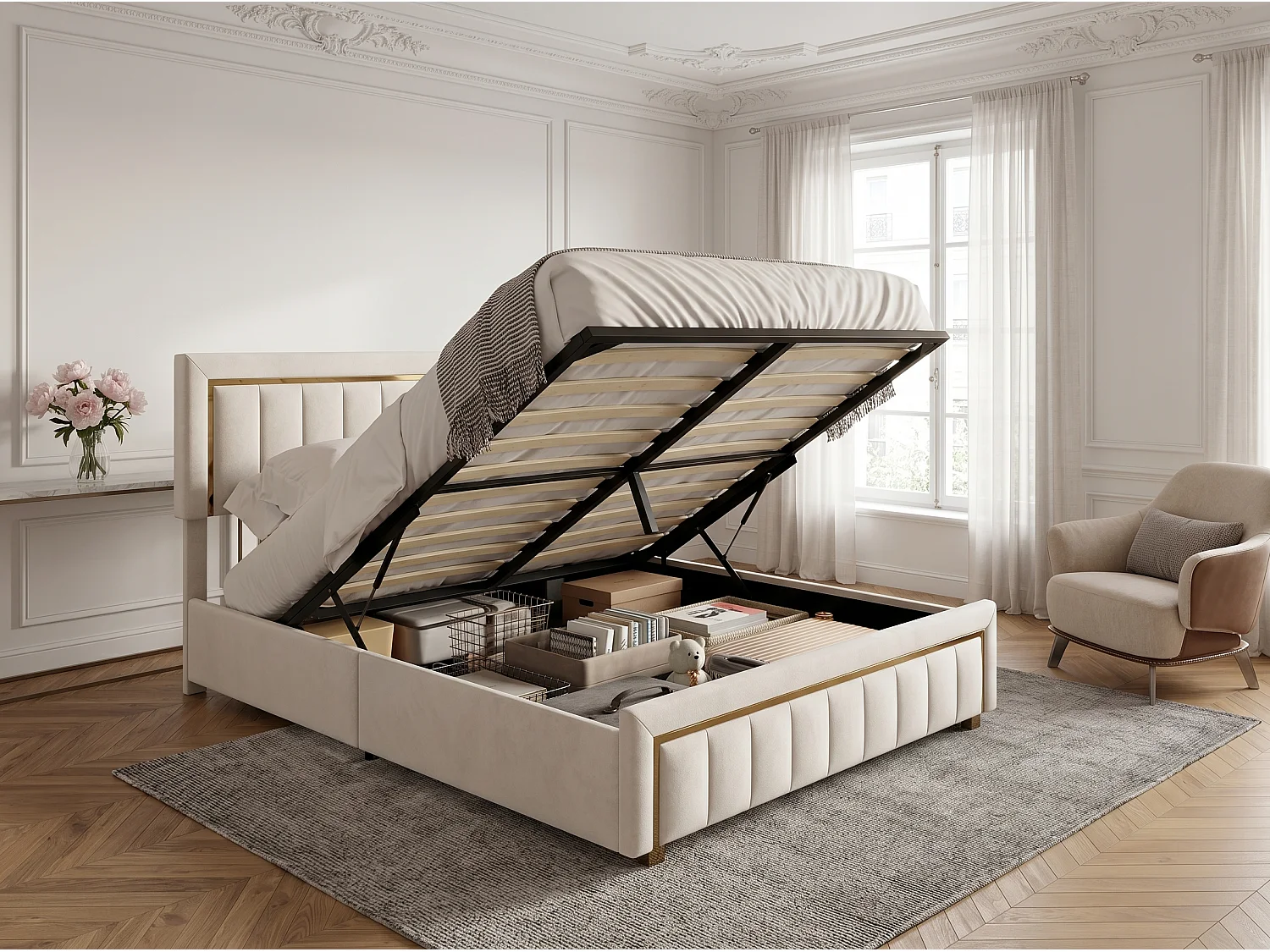 Lit coffre 160x200 cm beige avec rangement hydraulique, lit double rembourré, tête de lit élégante, sommier à lattes inclus