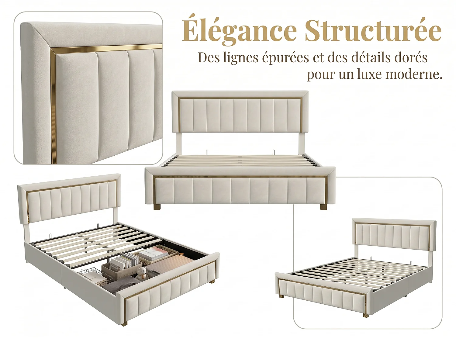 Lit coffre 160x200 cm beige avec rangement hydraulique, lit double rembourré, tête de lit élégante, sommier à lattes inclus