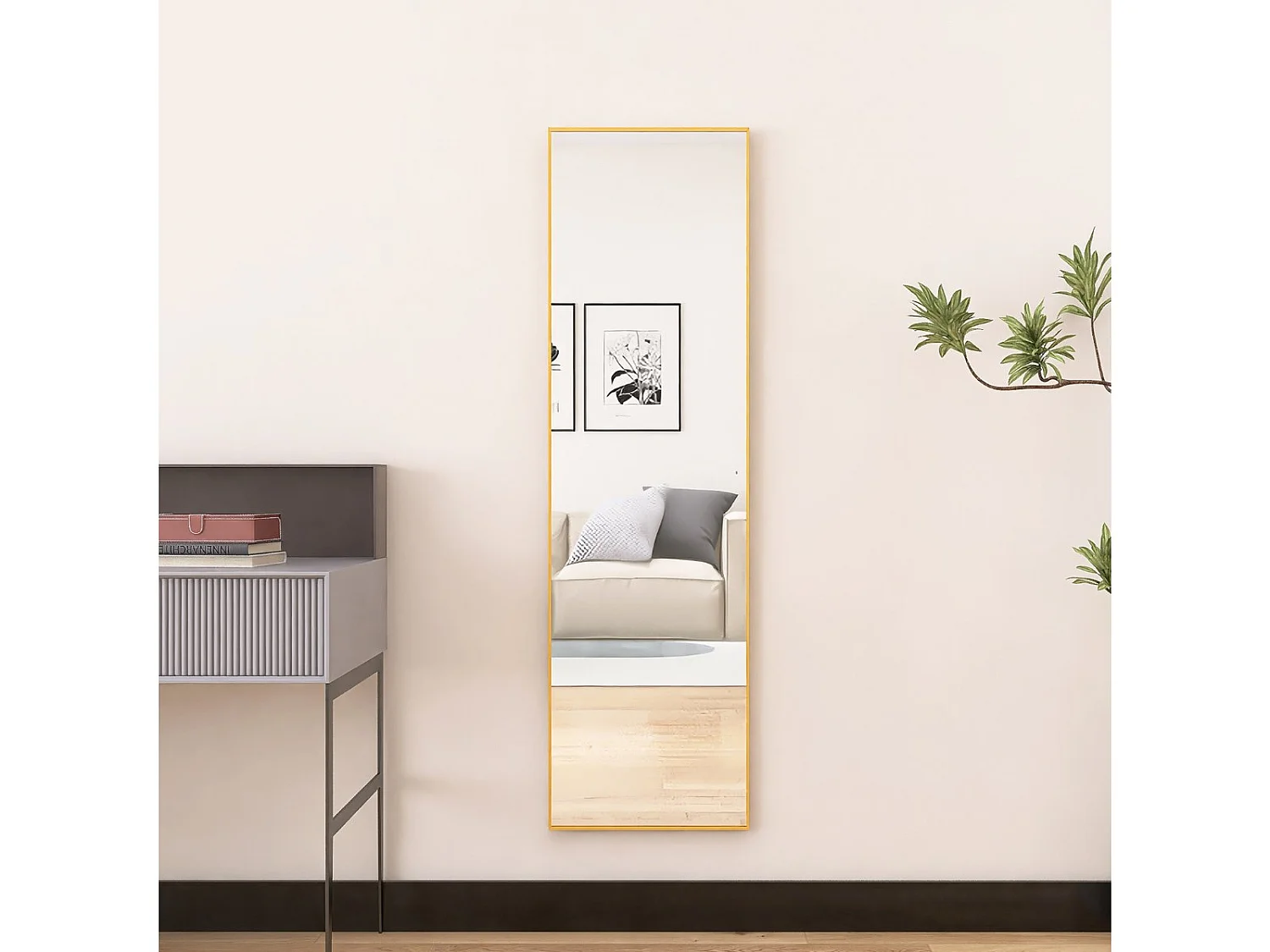 Miroir sur pied  140 x 40 cm - cadre fin en aluminium - grand miroir plein pied - doré
