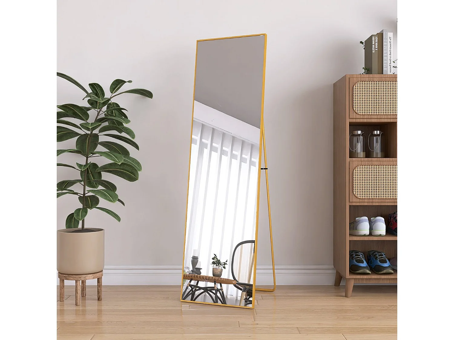 Miroir sur pied  140 x 40 cm - cadre fin en aluminium - grand miroir plein pied - doré