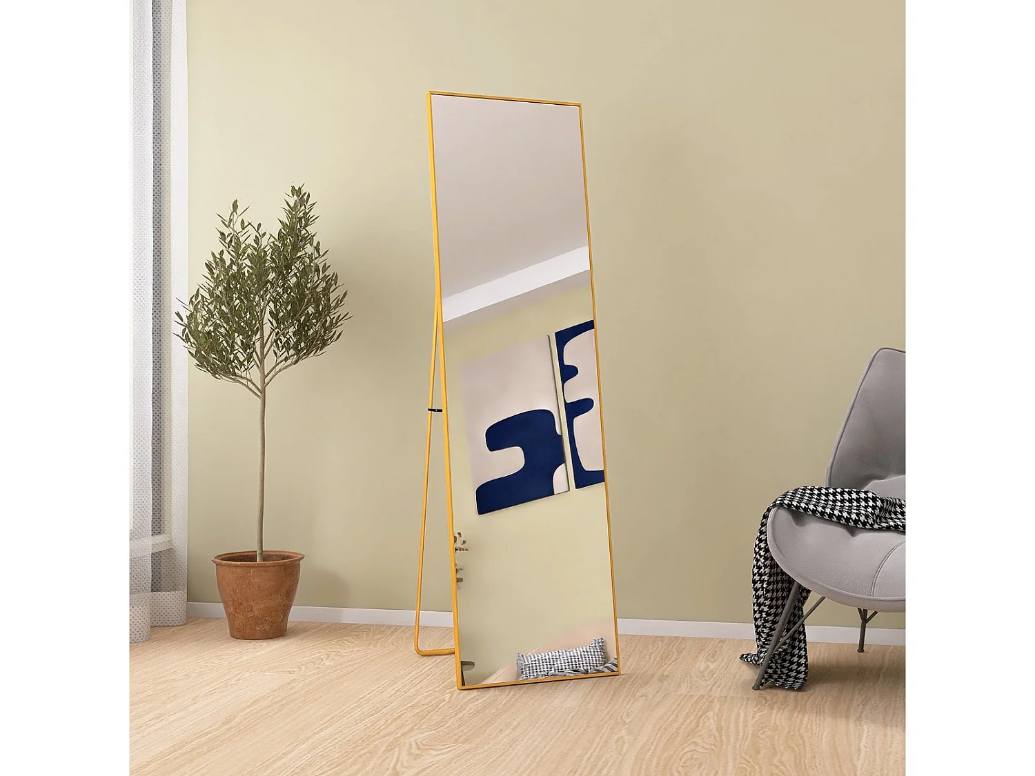Miroir sur pied  140 x 40 cm - cadre fin en aluminium - grand miroir plein pied - doré