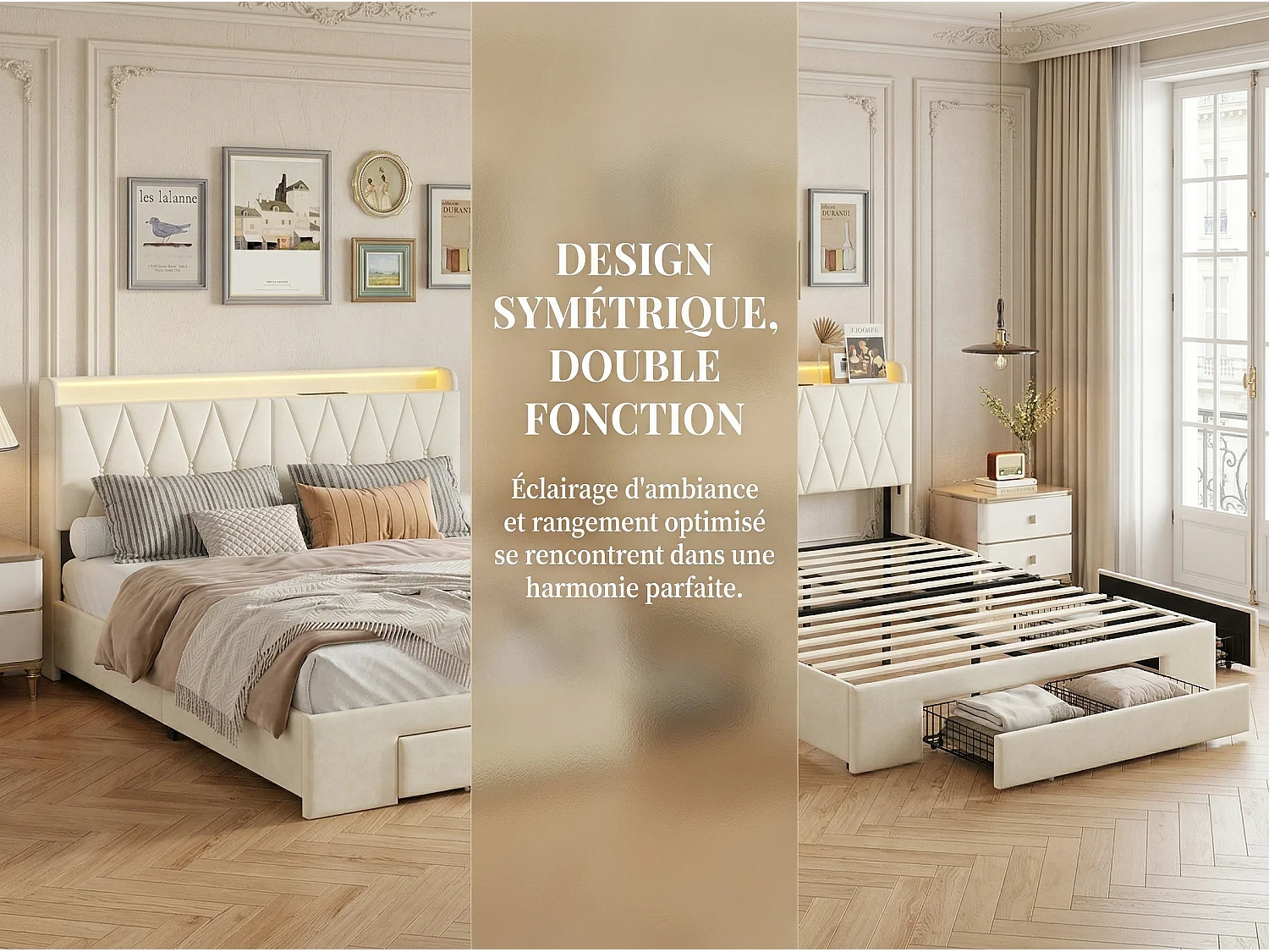 Lit coffre 140x190 cm beige avec sommier relevable et 4 tiroirs de rangement – Lit double avec tête de lit rembourrée