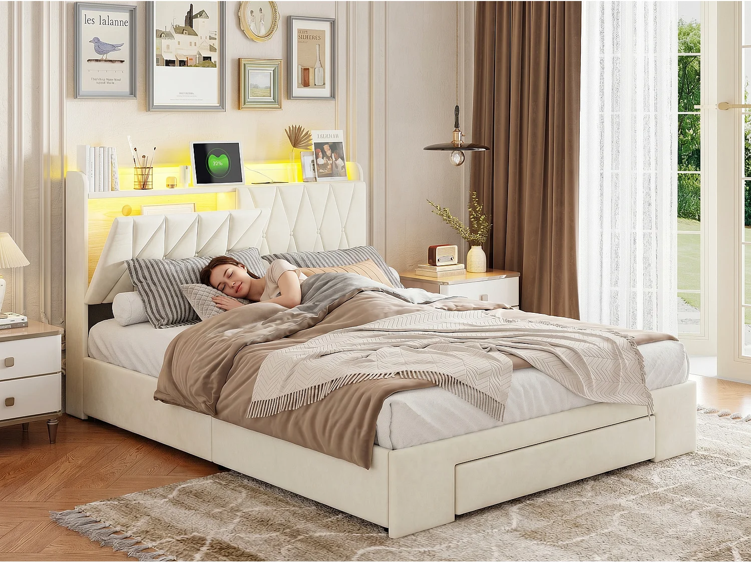 Lit coffre 140x190 cm beige avec sommier relevable et 4 tiroirs de rangement – Lit double avec tête de lit rembourrée
