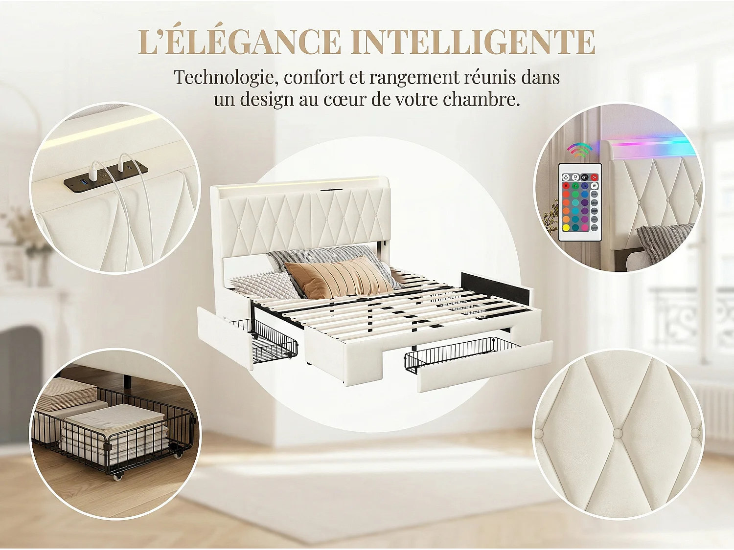 Lit coffre 140x190 cm beige avec sommier relevable et 4 tiroirs de rangement – Lit double avec tête de lit rembourrée