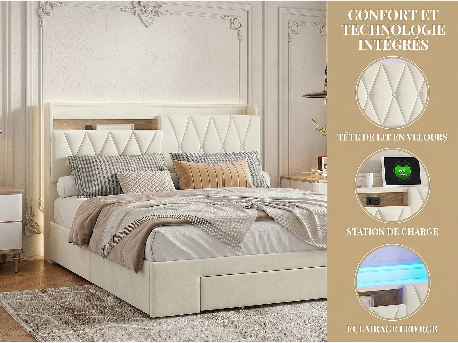 Lit coffre 140x190 cm beige avec sommier relevable et 4 tiroirs de rangement – Lit double avec tête de lit rembourrée