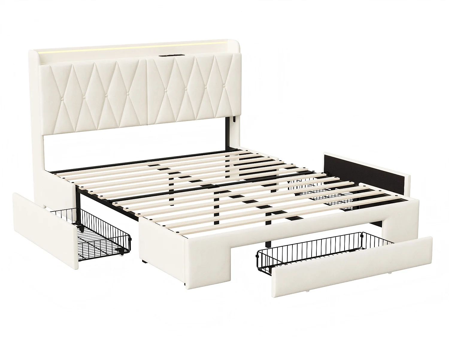 Lit coffre 140x190 cm beige avec sommier relevable et 4 tiroirs de rangement – Lit double avec tête de lit rembourrée