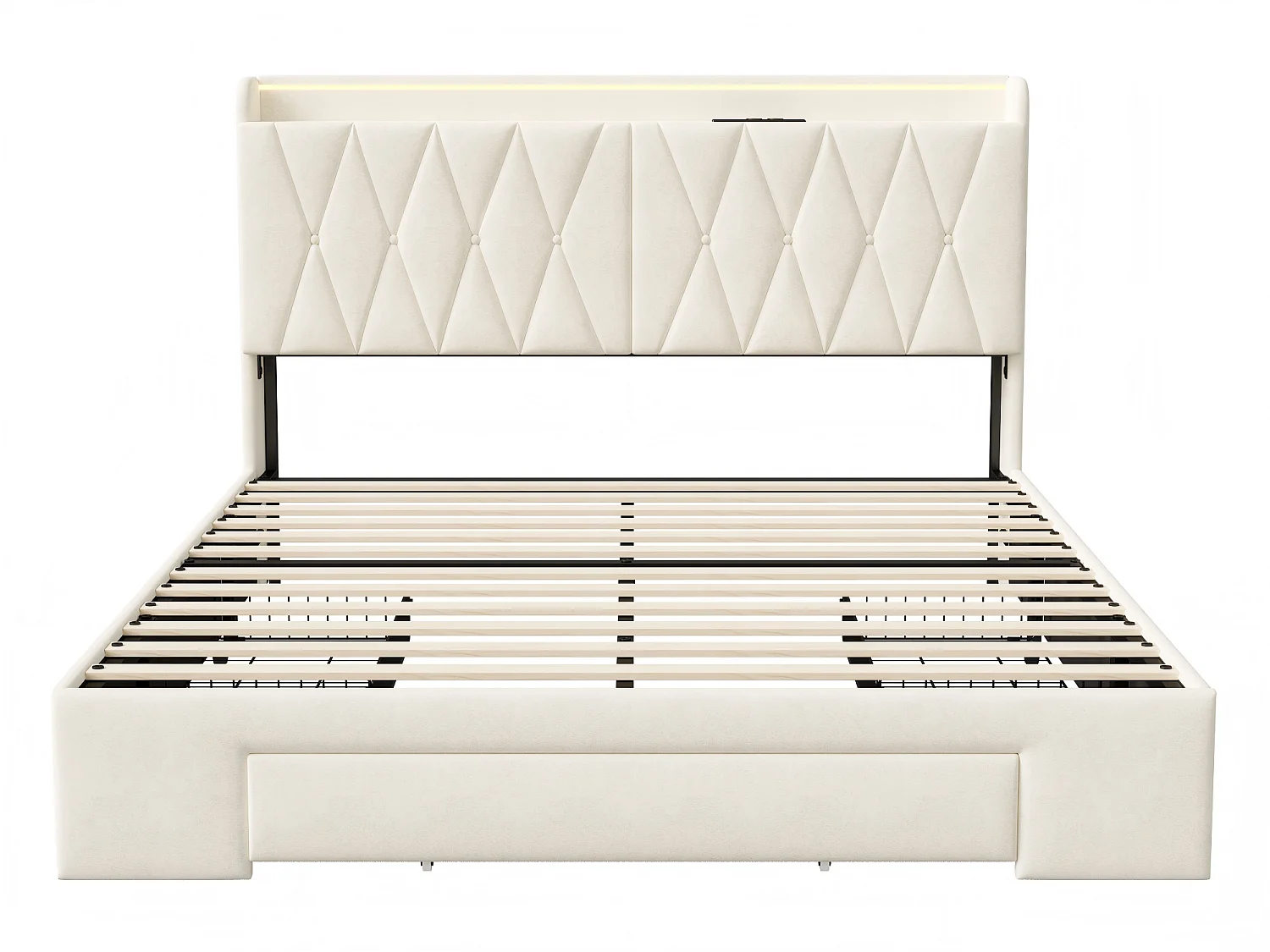 Lit coffre 140x190 cm beige avec sommier relevable et 4 tiroirs de rangement – Lit double avec tête de lit rembourrée