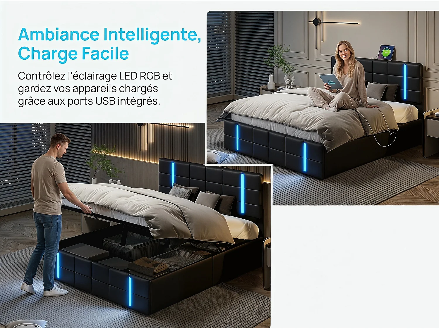 Lit coffre 160x200 cm noir, lit 2 places avec grand rangement sous le lit, tête de lit rembourrée LED, sommier à lattes inclus