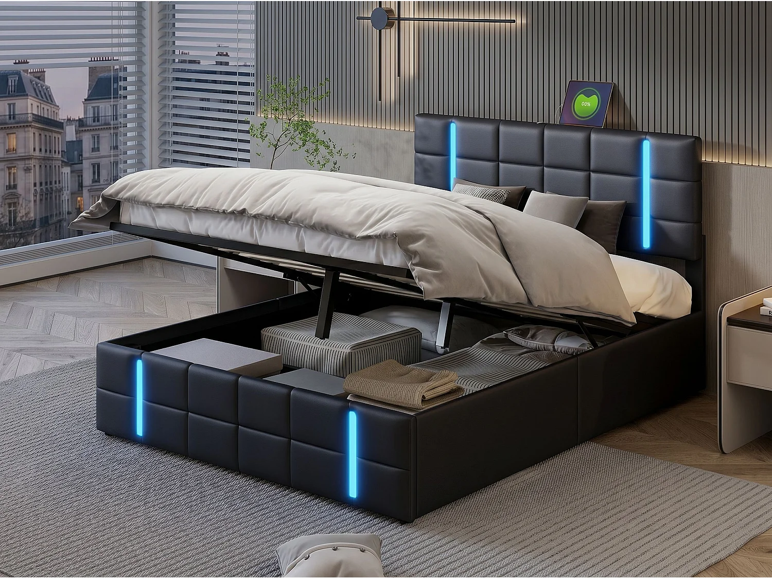 Lit coffre 160x200 cm noir, lit 2 places avec grand rangement sous le lit, tête de lit rembourrée LED, sommier à lattes inclus