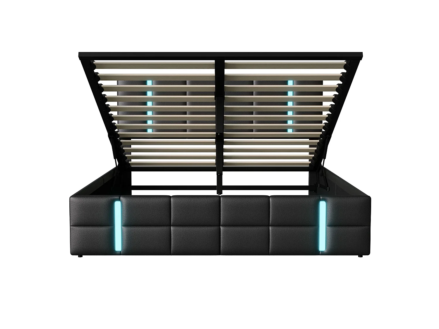 Lit coffre 160x200 cm noir, lit 2 places avec grand rangement sous le lit, tête de lit rembourrée LED, sommier à lattes inclus