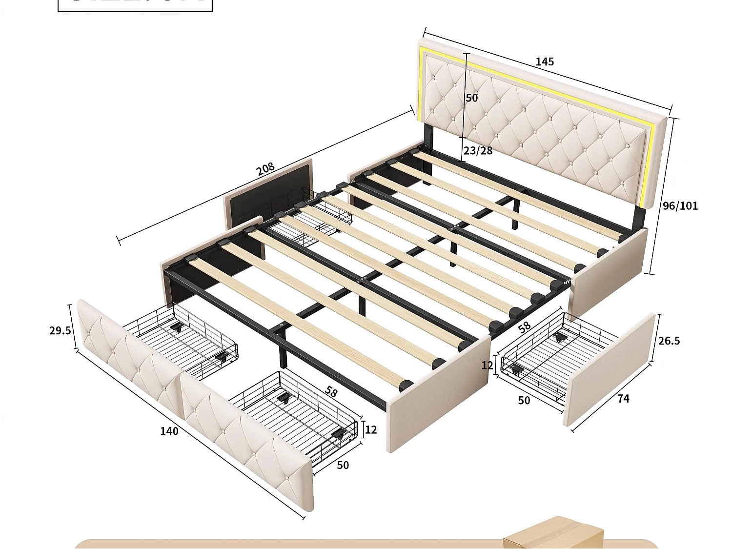 Lit coffre 140x200 cm beige avec rangement, lit double rembourré avec tiroirs, tête de lit LED capitonnée et sommier à lattes inclus