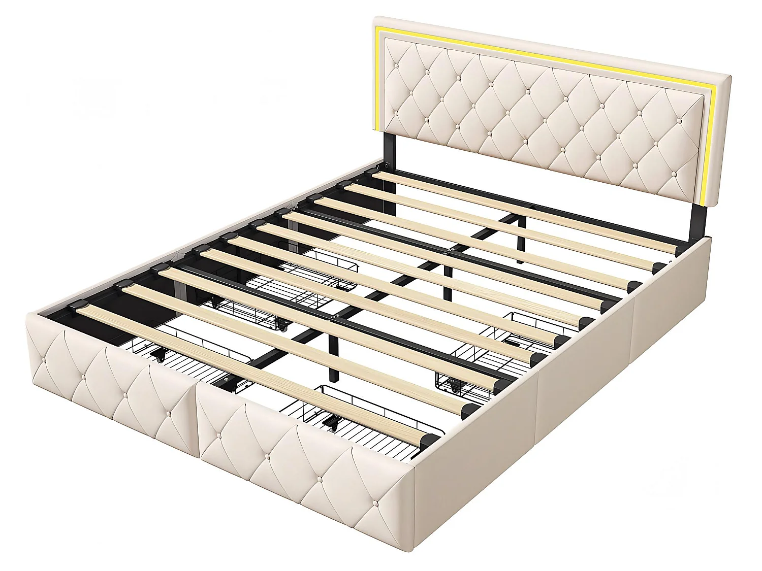 Lit coffre 140x200 cm beige avec rangement, lit double rembourré avec tiroirs, tête de lit LED capitonnée et sommier à lattes inclus