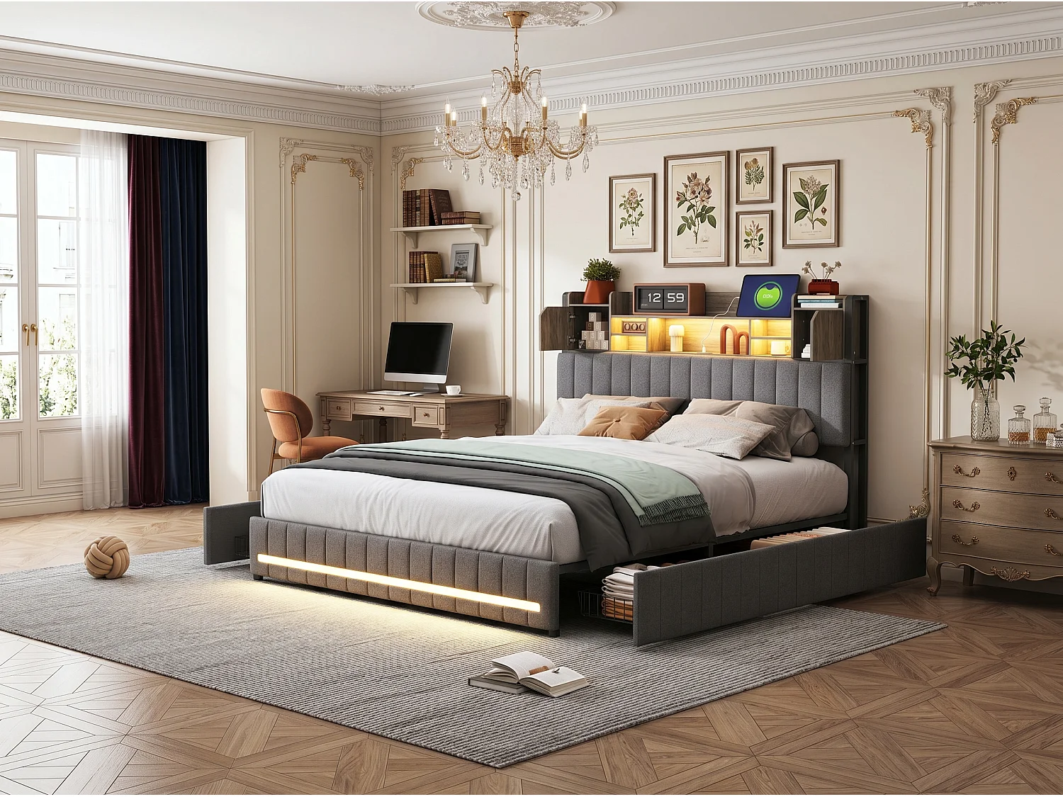 Lit coffre 140x190 cm en lin gris avec rangements, lit double avec tiroirs, tête de lit avec étagère LED intégrée, sommier inclus
